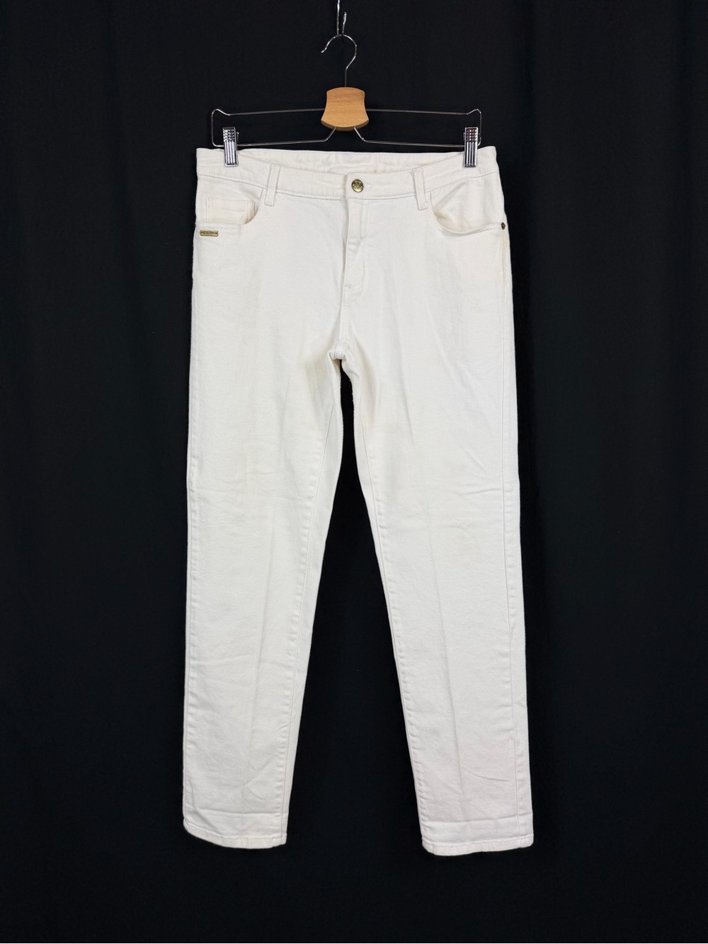 Miss Tina Cream Denim Pocket with Brass Nameplate
